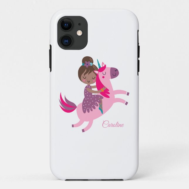Capa Para iPhone 11 Garota de Brunette Caçada no Unicórnio (Verso)