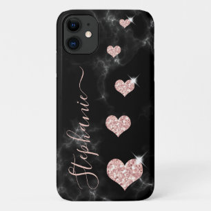 Capa Para iPhone 11 Garota Rosa Dourada Corações Brilhantes Negra No