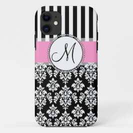 Capa Para iPhone 11 Garota, Rosa, Negro, Damasco Seu Monograma Inicial