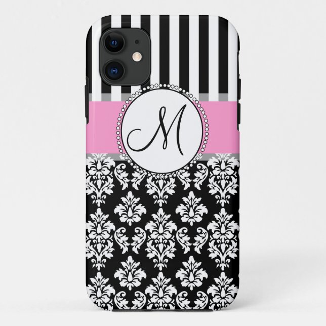 Capa Para iPhone 11 Garota, Rosa, Negro, Damasco Seu Monograma Inicial (Verso)