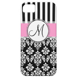 Capa Para iPhone 11 Garota, Rosa, Negro, Damasco Seu Monograma Inicial