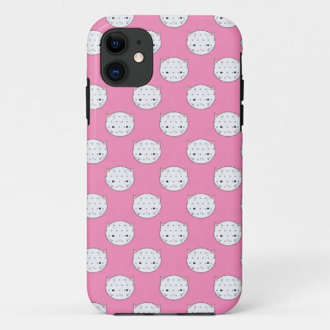 Capa Para iPhone 11 Gatinho de Bolinhas Rosa e Branco Padrão de Rosto  (Verso)