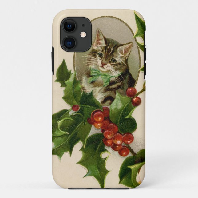 Capa Para iPhone 11 Gatinho de Natal Vitoriano em Tabby Antigo com Aze (Verso)