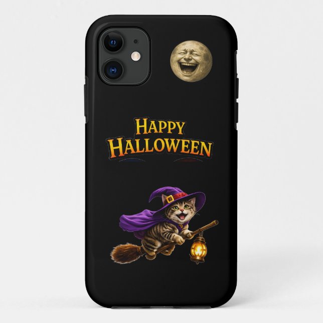 Capa Para iPhone 11 Gatinho e lua risonha Halloween caprichoso e feliz (Verso)