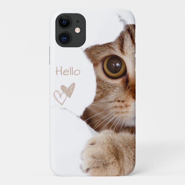 Capa Para iPhone 11 gatinho giro, olá coração branco (Verso)