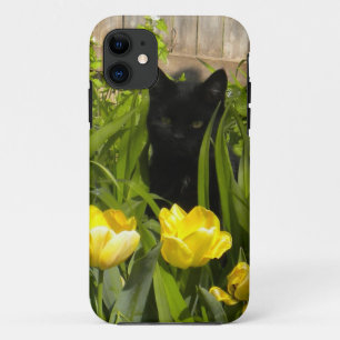Capa Para iPhone 11 Gatinho preto, tulipas amarelas. caso do iPhone 5