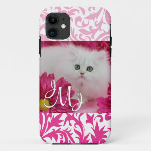 Capa Para iPhone 11 Gatinhos, gatos, rosa, flores, monograma