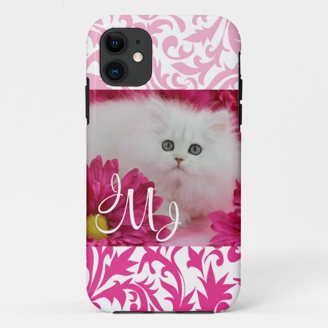 Capa Para iPhone 11 Gatinhos, gatos, rosa, flores, monograma (Verso)