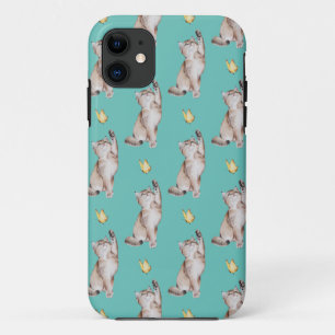 Capa Para iPhone 11 Gato Alcanceando Borboleta Amarela em Azul Claro