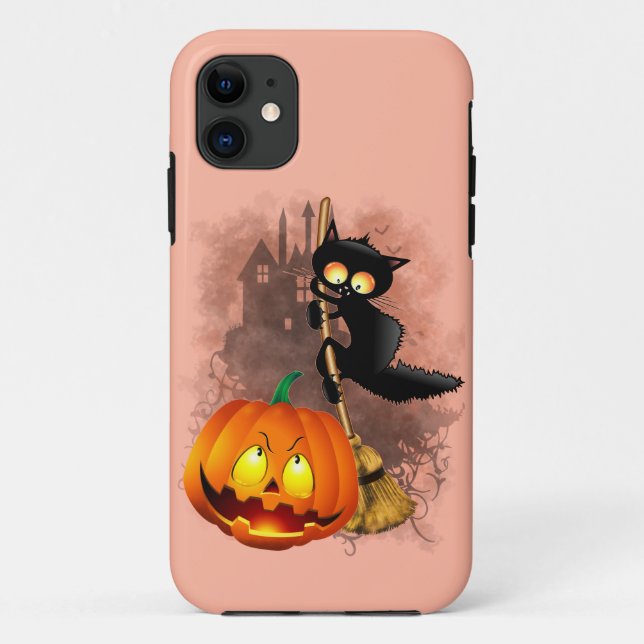 Capa Para iPhone 11 Gato assustado com o personagem do Dia das Bruxas  (Verso)