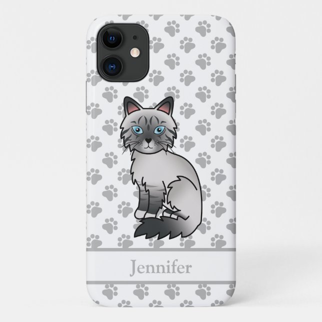 Capa Para iPhone 11 Gato Birman / Ragdoll Tabby de Pontas Azuis & Nome (Verso)