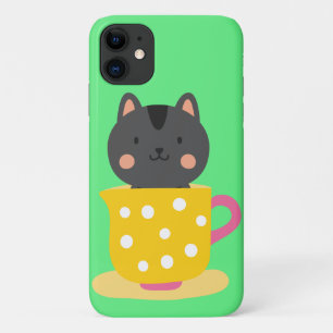 Capa Para iPhone 11 Gato bonito na caricatura do teacup na menta