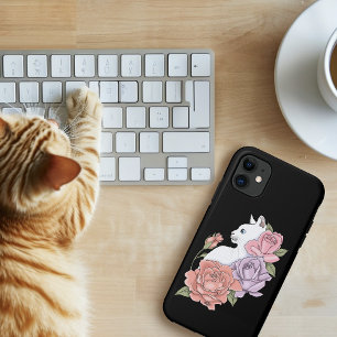 Capa Para iPhone 11 Gato Branco Floral Pastel Botânico Romântico Preto