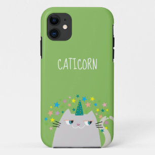 Capa Para iPhone 11 Gato Branco Unicórnio Caticorn Estrelas Coloridas