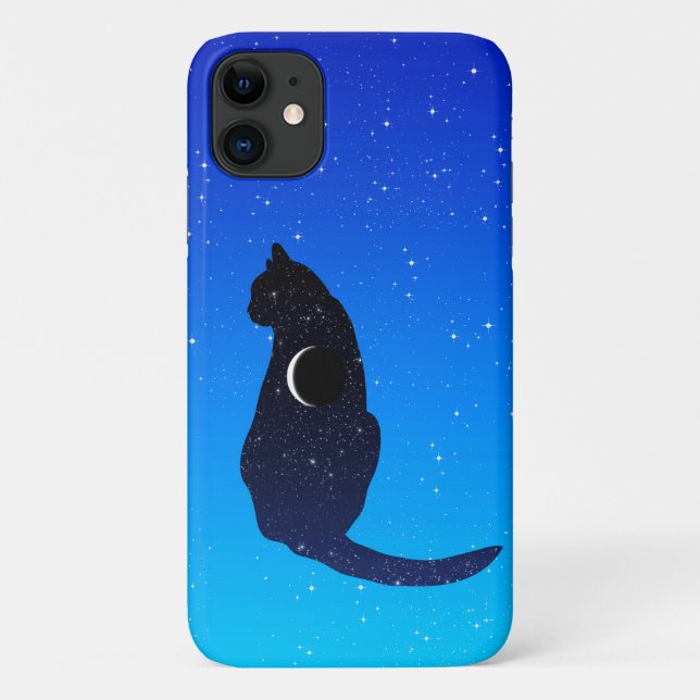 Capa Para iPhone 11 Gato Cósmico em Estrelas e Padrões da Lua Crescent (Verso)