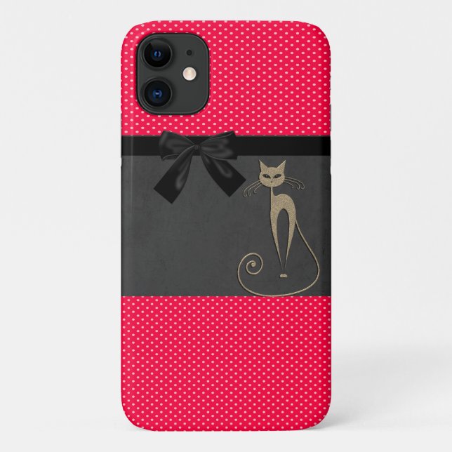 Capa Para iPhone 11 Gato de Arco Negro de Bolinhas Vermelhas Legais (Verso)