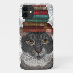 Capa Para iPhone 11 Gato de Cinza com Livros na Cabeça