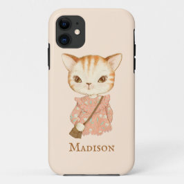 Capa Para iPhone 11 Gato Gato Gato Gato Floral Simples Monograma