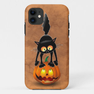 Capa Para iPhone 11 Gato Halloween Caricatura Assustada na Pumpkin