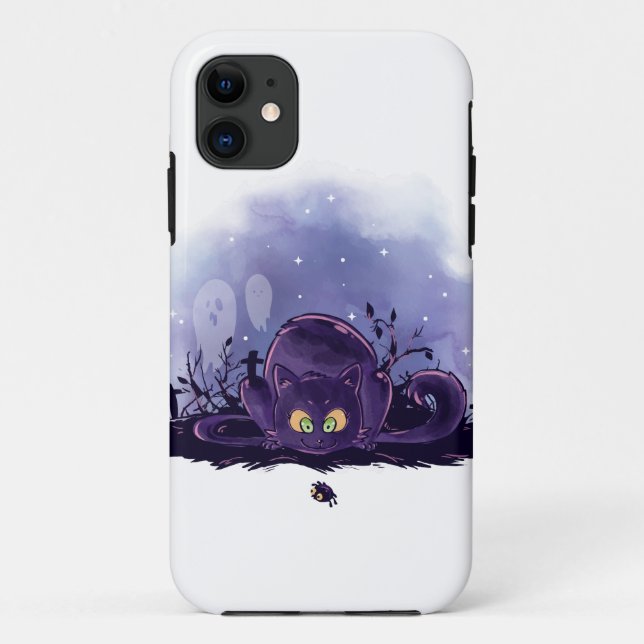 Capa Para iPhone 11 Gato Halloween de Aquarela (Verso)