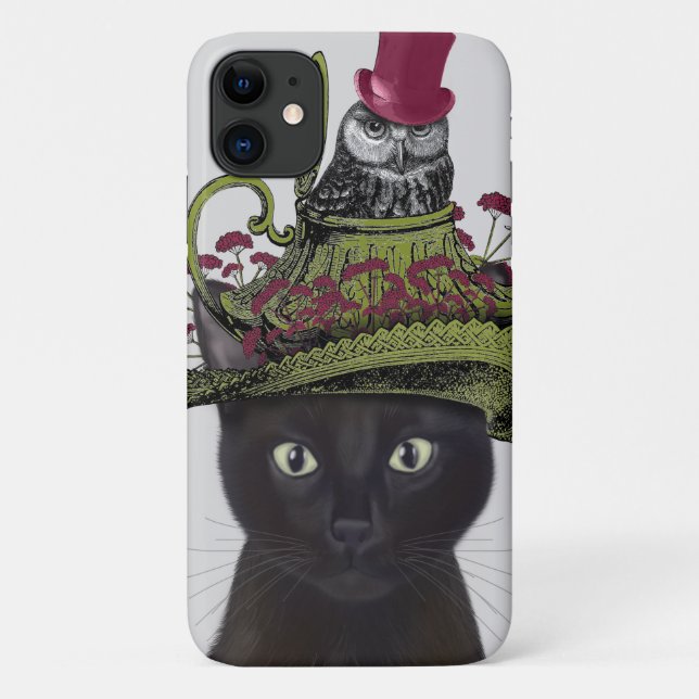 Capa Para iPhone 11 Gato Negro com Bule e Coruja (Verso)