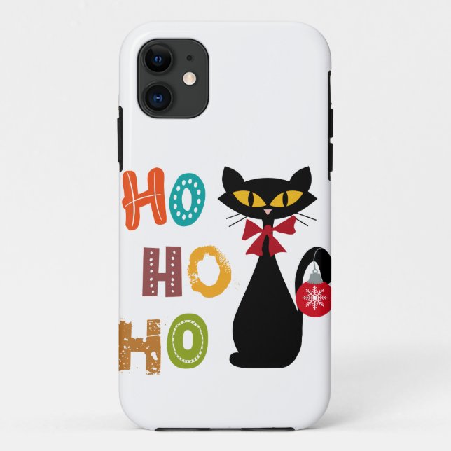Capa Para iPhone 11 Gato negro com design de texto Ho Ho Ho (Verso)