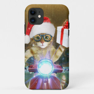 Capa Para iPhone 11 Gato no Papai Noel que entrega presente de Natal