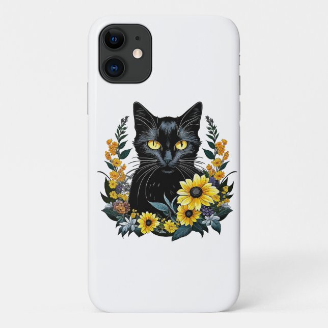 Capa Para iPhone 11 gato preto com flores (Verso)