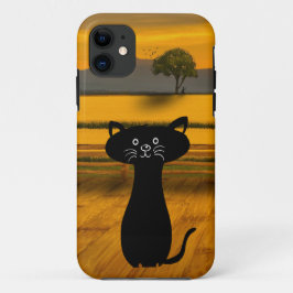 Capa Para iPhone 11 Gato Preto Curioso Curioso Com Fundo Sol Definido