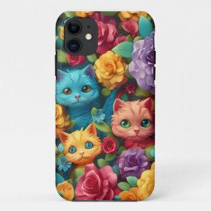 Capa Para iPhone 11 Gatos coloridos e flores design bonitinhos