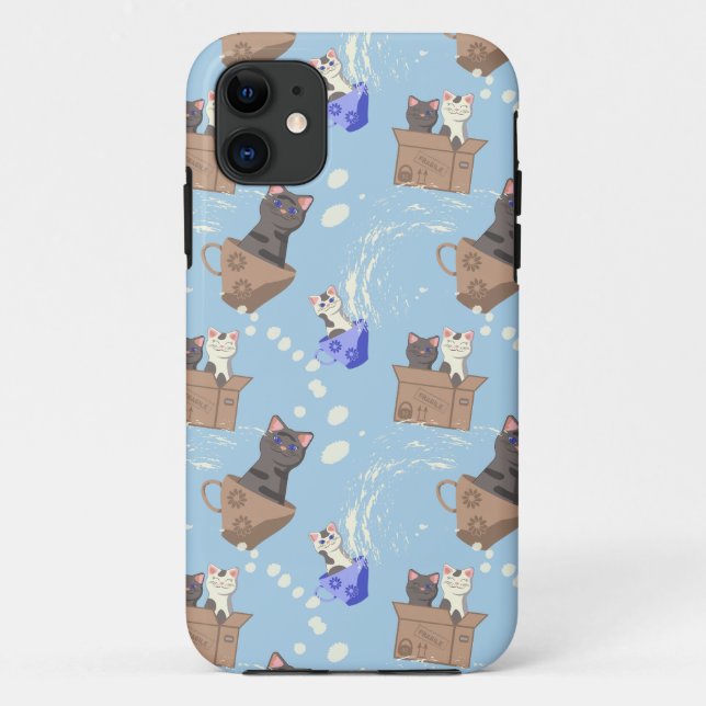 Capa Para iPhone 11 Gatos na caixa e leite cai em azul (Verso)