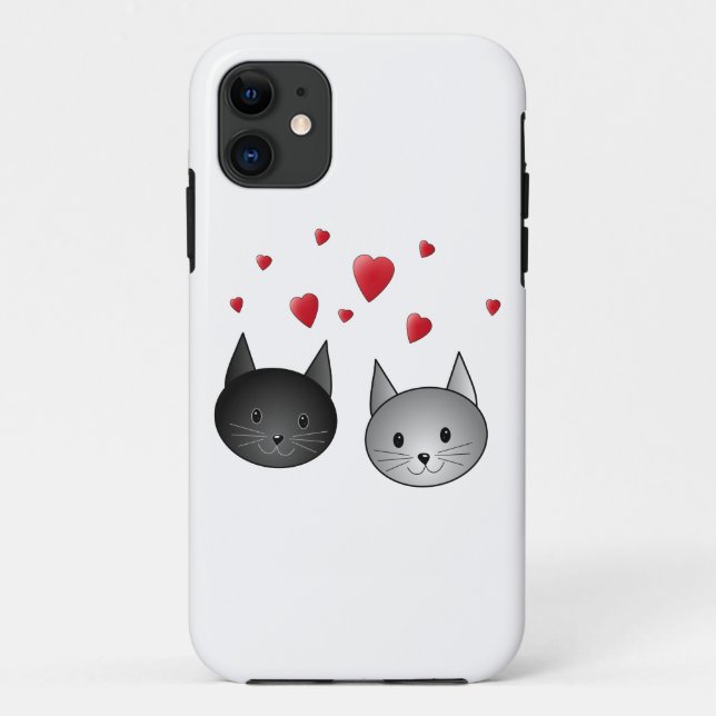 Capa Para iPhone 11 Gatos pretos e cinzentos bonitos, com corações (Verso)