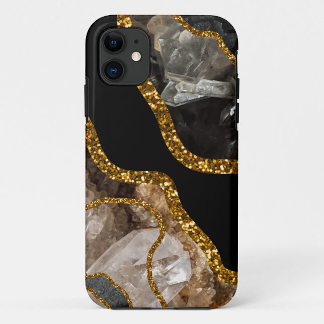 Capa Para iPhone 11 Geodo de Agate Preto e Dourado (Verso)