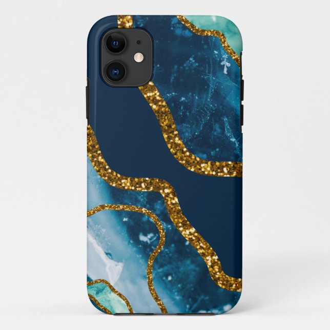 Capa Para iPhone 11 Geodo de Agato Azul e Dourado (Verso)