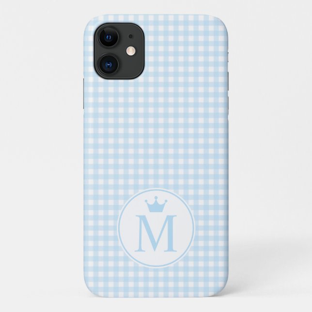 Capa Para iPhone 11 Gingham Azul Bebê com Monograma Coroa Azul. (Verso)