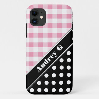 Capa Para iPhone 11 Gingham preto, cor-de-rosa, Bolinhas iPhone 5 Case