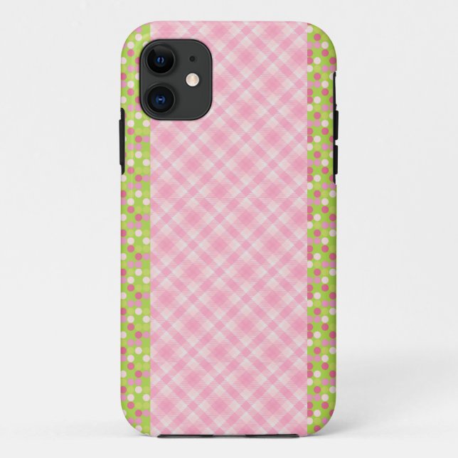 Capa Para iPhone 11 Ginham e pontos rosa (Verso)