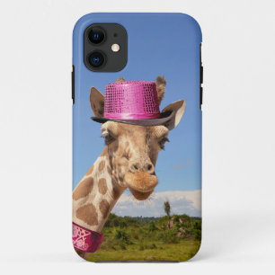 Capa Para iPhone 11 Girafa de chapéu cor-de-rosa brilhante