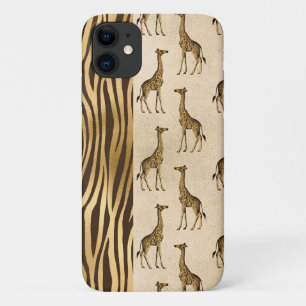 Capa Para iPhone 11 Giraffe & Tiger Impressão Dourado Castanho Bonito