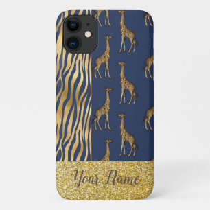 Capa Para iPhone 11 Giraffe & Tiger Impressão Glitter Blue Name