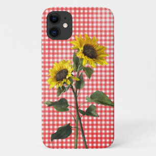 Capa Para iPhone 11 Girassóis sobre gingham vermelho