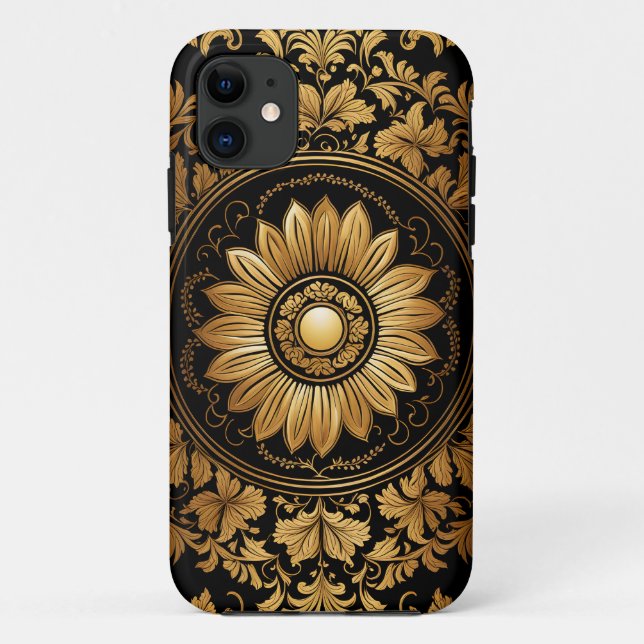 Capa Para iPhone 11 Girassol Dourado no barroco Ornamentado (Verso)