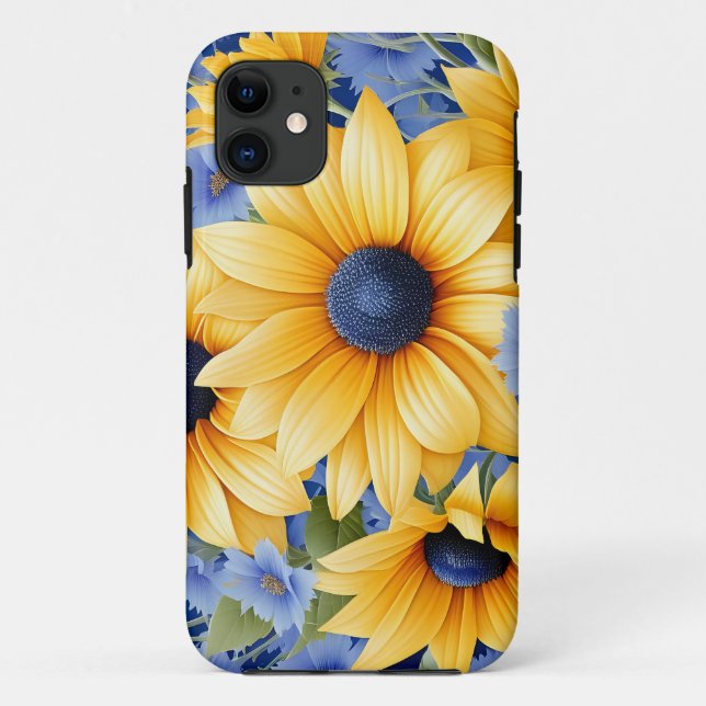 Capa Para iPhone 11 Girassol Elegante Com Flores Moles Azuis (Verso)