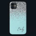 Capa Para iPhone 11 Girly Aqua Blue Silver Monograma<br><div class="desc">Garota Aqua Blue Silver Faux Sparkle e Derrubando o nome do monograma de metal escovado com brilho e o telefone inicial. Isto faz o doce e perfeito aniversário de 16 anos, casamento, chá de panela, aniversário, chá de fraldas ou festa de solteira presente para alguém que ama luxo de luxo...</div>