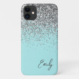 Capa Para iPhone 11 Girly Aqua Blue Silver Monograma