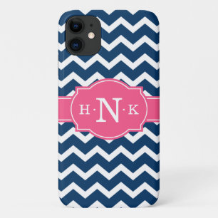 Capa Para iPhone 11 Girly Blue Chevron Monograma Rosa