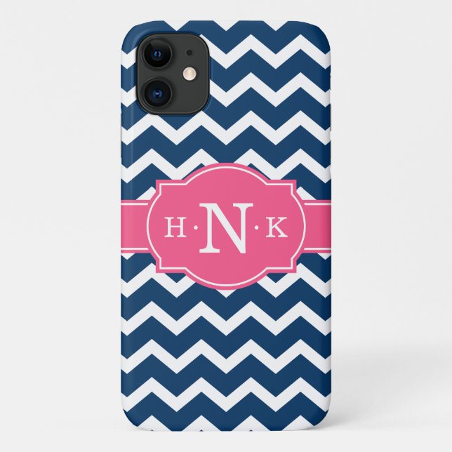 Capa Para iPhone 11 Girly Blue Chevron Monograma Rosa (Verso)