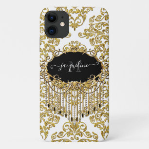 Capa Para iPhone 11 Girly Damask Gold Glitter Sparkle Nome do Monogram