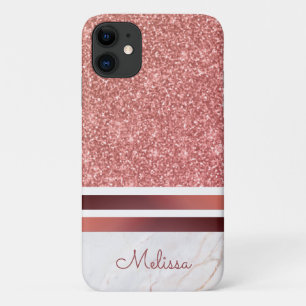 Capa Para iPhone 11 Girly Faux Rosa Dourada Glitter com Nome