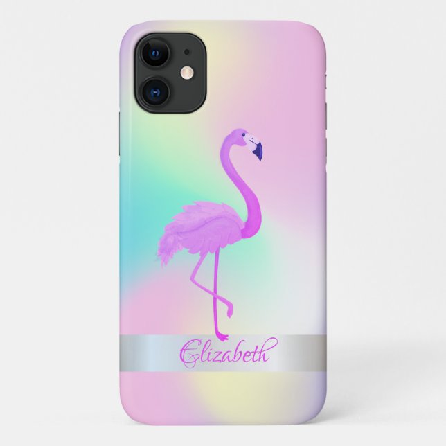 Capa Para iPhone 11 Girly Flamingo Holographic Ombre (Verso)